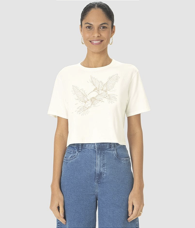 Camiseta Cropped Branca com Estampa Beija Flor