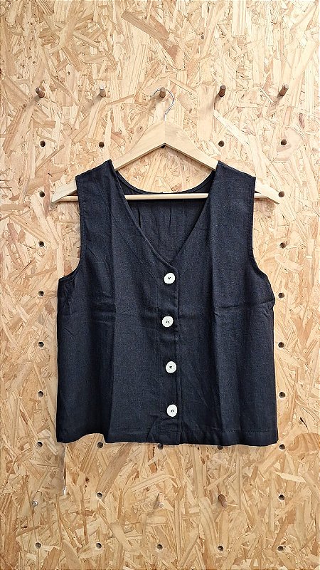 Blusa Preta Reta em Linho e Viscose