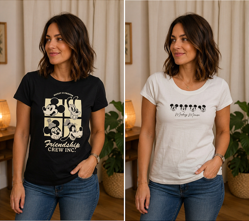 Camiseta Básica Mickey Malwee Preta e Branca