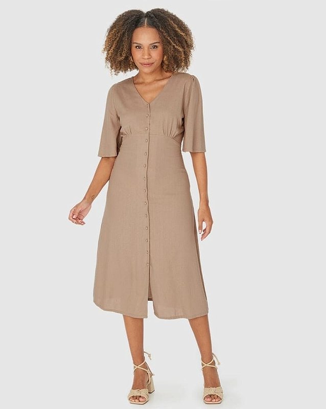 Vestido Midi Evase Linho com Botões - Tamanho G