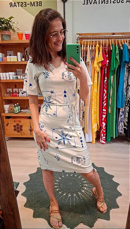 Vestido Curto Reto Estampado Azul e Branco