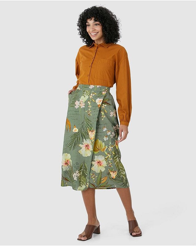 Saia Midi Evase Assimétrico Floral Malwee