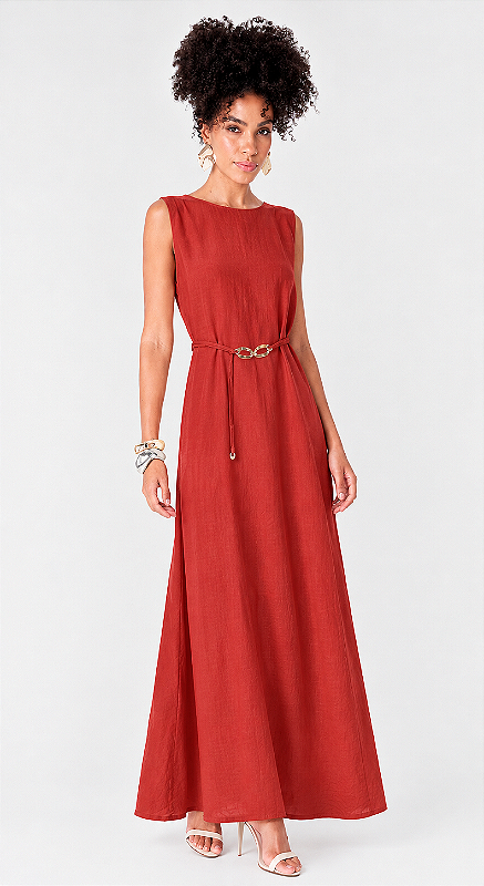 ENFIM - 4191 - Vestido Longo Evase com Cinto