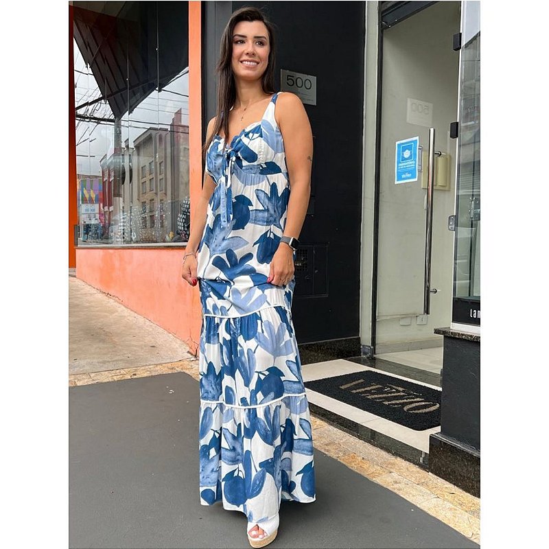 Vestido longo estampa floral azul - Maria Teresa Store