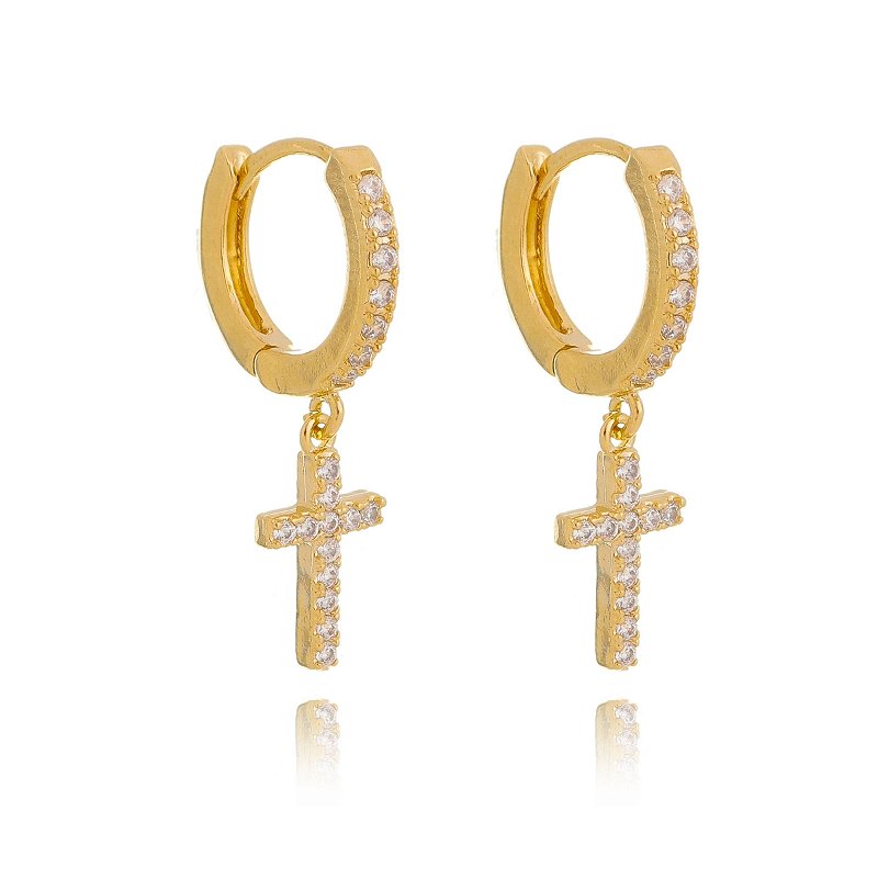 Brinco Argolinha Cruz Cravejada Banhado Em Ouro 18k