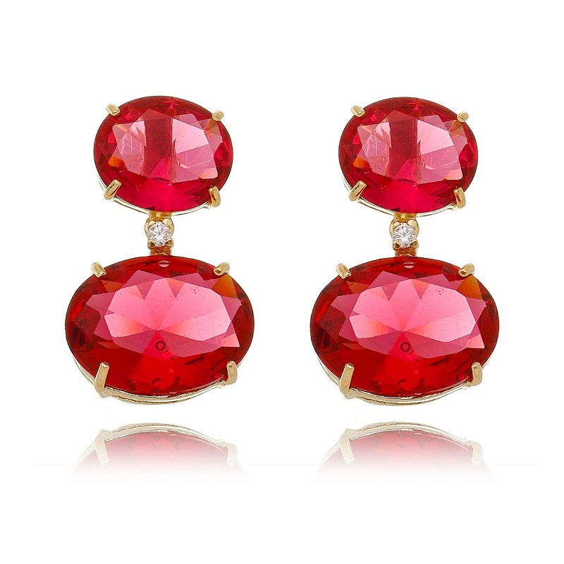 Brinco Pedra Oval Vermelho Rubelita Banhado A Ouro 18k