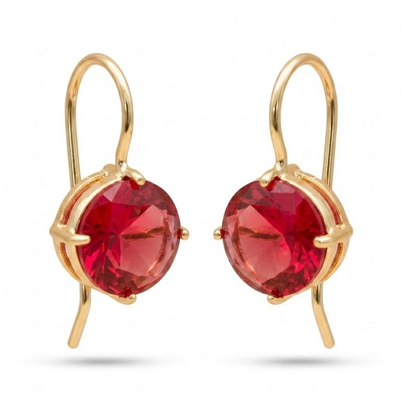 Brinco Anzol Zirconia Redonda Vermelho Banhado a Ouro