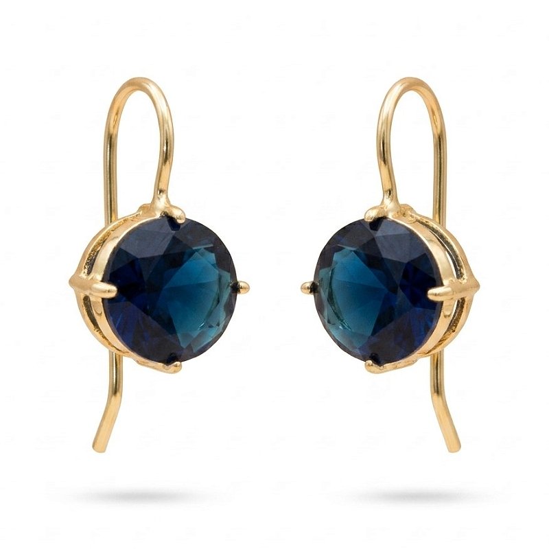 Brinco Anzol Zirconia Redonda Azul Banhado a Ouro