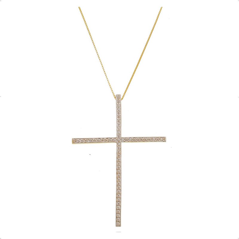 Colar Crucifixo Cravejado Zirconia Branca Banhado A Ouro