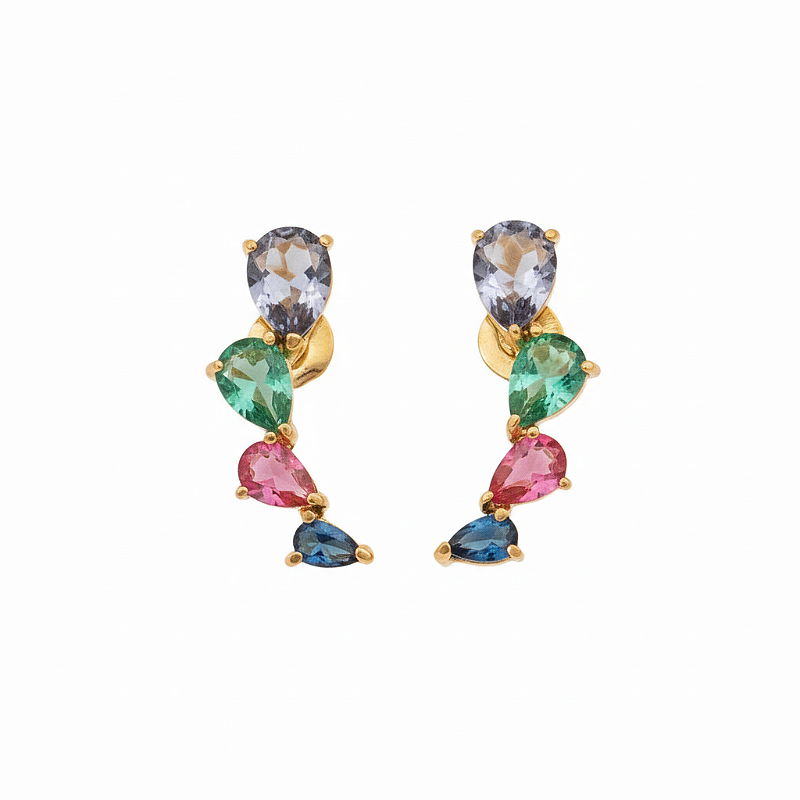 Brinco Ear Cuff Pedras de Zirconias Coloridas Banhado a Ouro