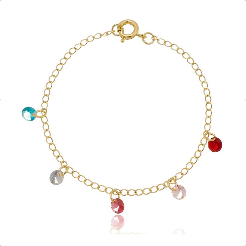 Pulseira Infantil Pedrinhas Coloridas Banhada À Ouro 18k