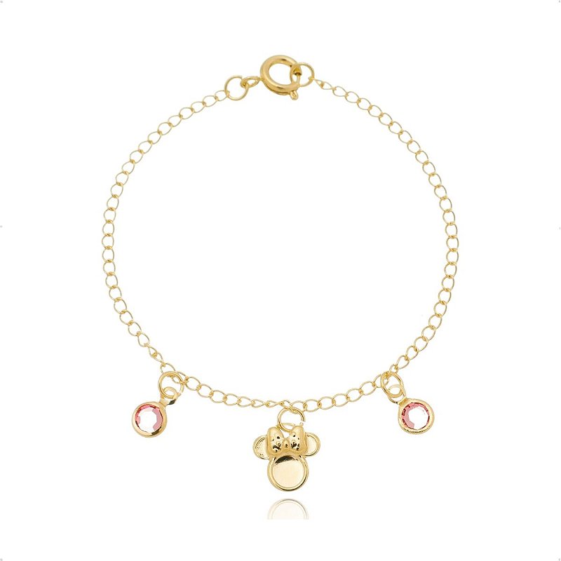 Pulseira Infantil Minnie Zirconia Pink Banhada Ouro 18k