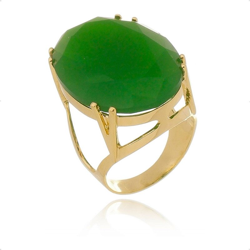 Anel Pedra Oval Verde Maxi Grande Banhado a Ouro 18k