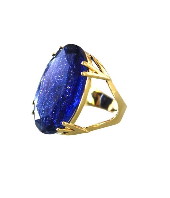Anel Pedra Oval Azul Riscado Maxi Grande Banhado a Ouro