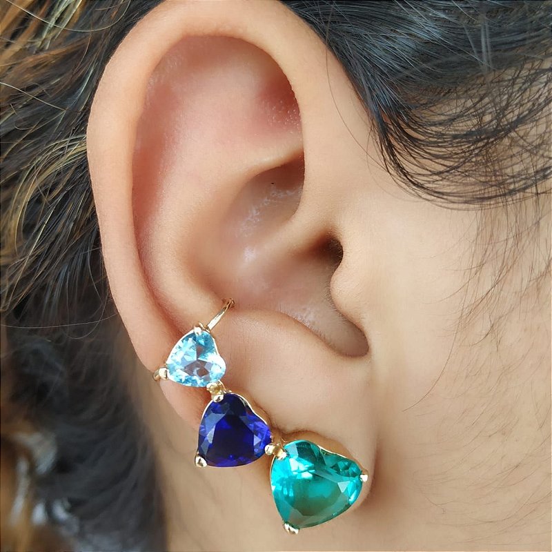 Ear cuff com Zirconias Turmalina e Azul Banhado a Ouro 18k