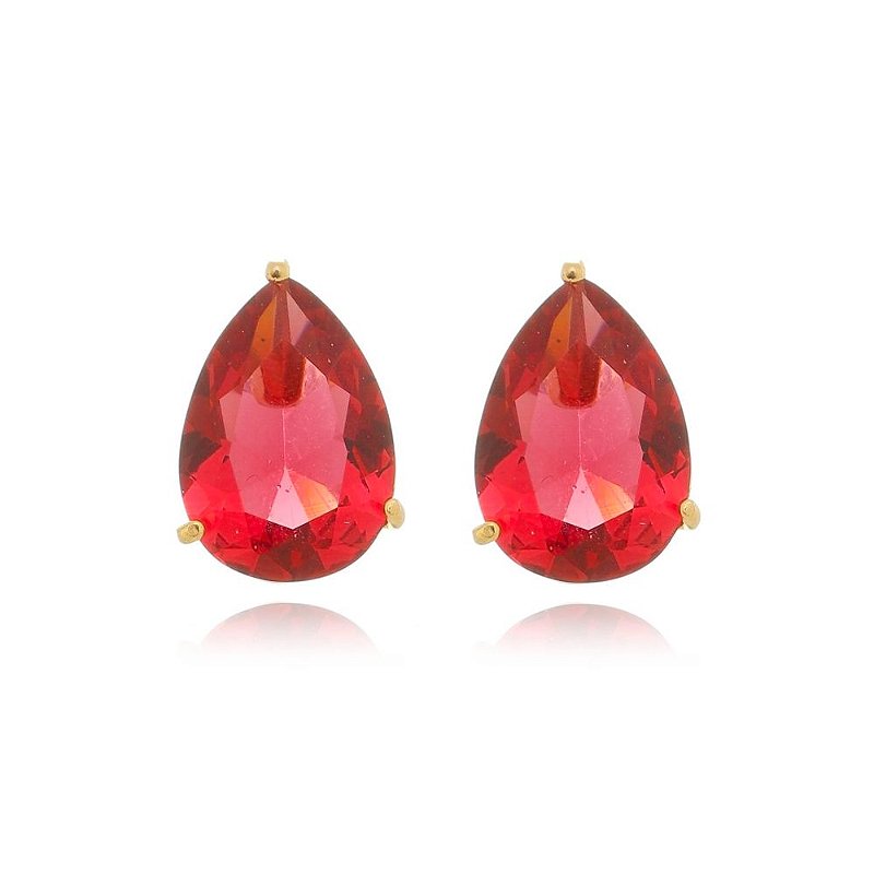 Brinco Solitario Gota Cristal Vermelho Rubelita Banhado Ouro