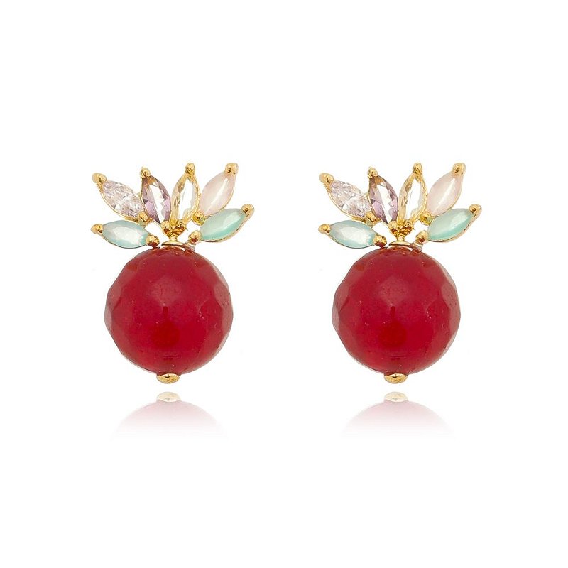 Brinco Navete Color e Jade Vermelho Cereja Banhado a Ouro