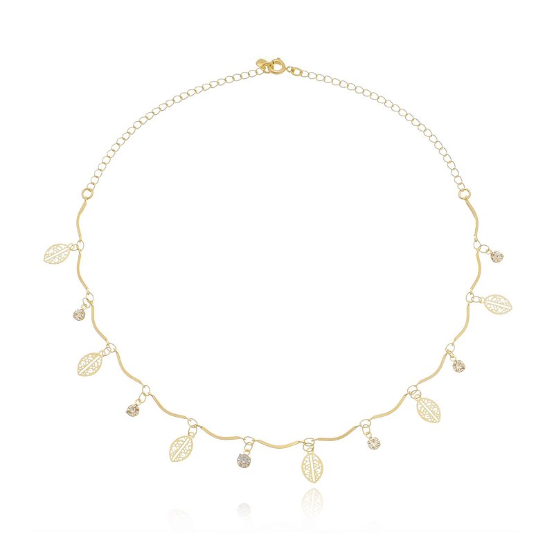 Colar Choker Corrente Ponto de Luz e Folha Banhado a Ouro