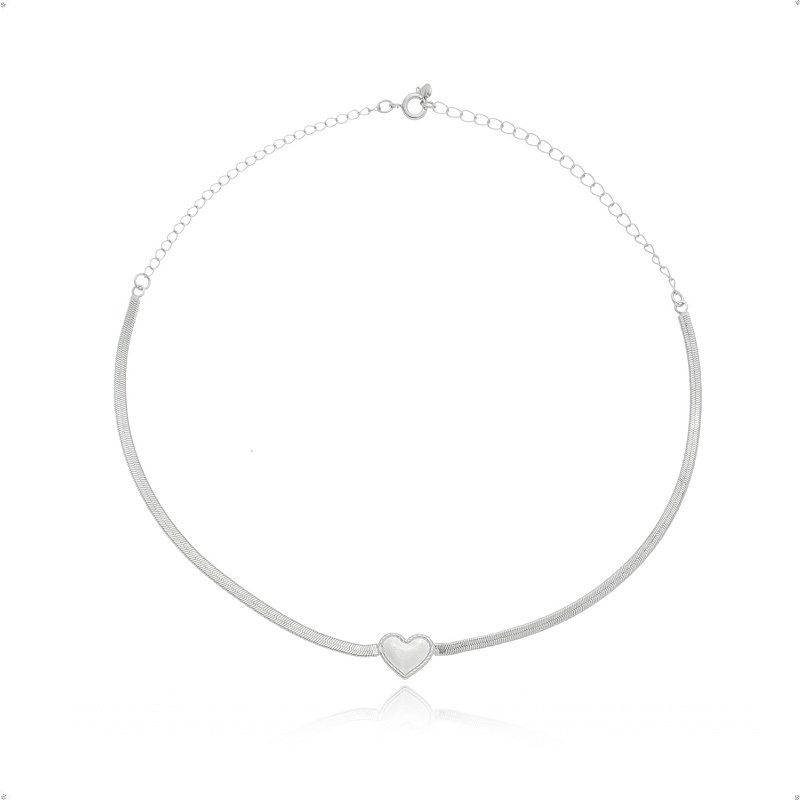 Colar Choker Laminada Coração Grossa Banho Ródio Branco