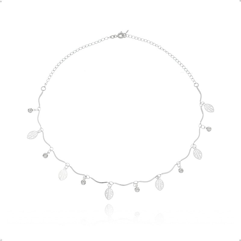 Colar Choker Ponto de Luz Folha Banho Ródio Branco