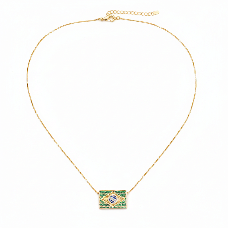 Colar Bandeira do Brasil Cravejada Banhada a Ouro