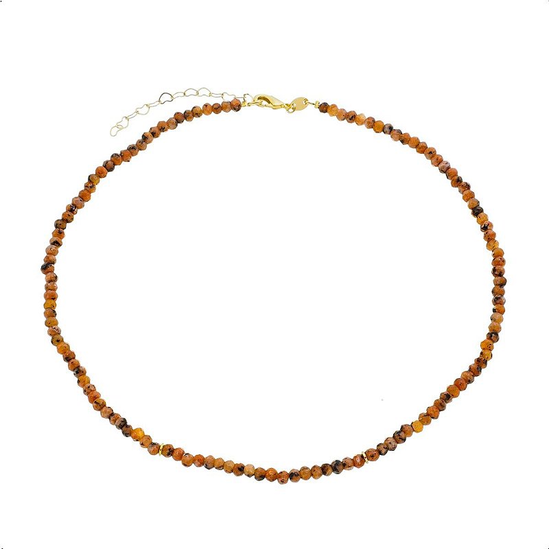 Colar Choker Pedra Natural Laranja Rajado Banhado a Ouro 18k