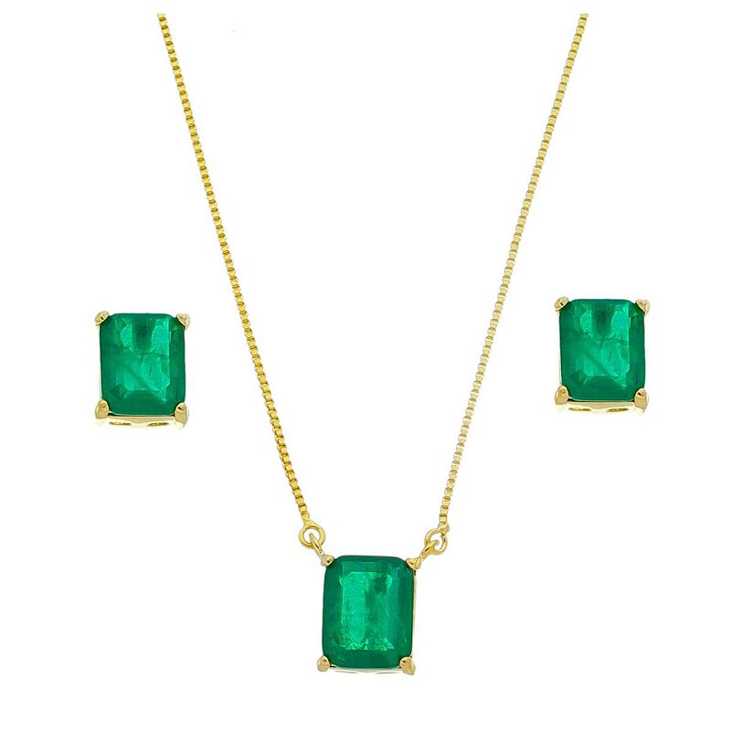 Conjunto Colar e Brinco Pedra Verde Esmeralda Banhado a Ouro