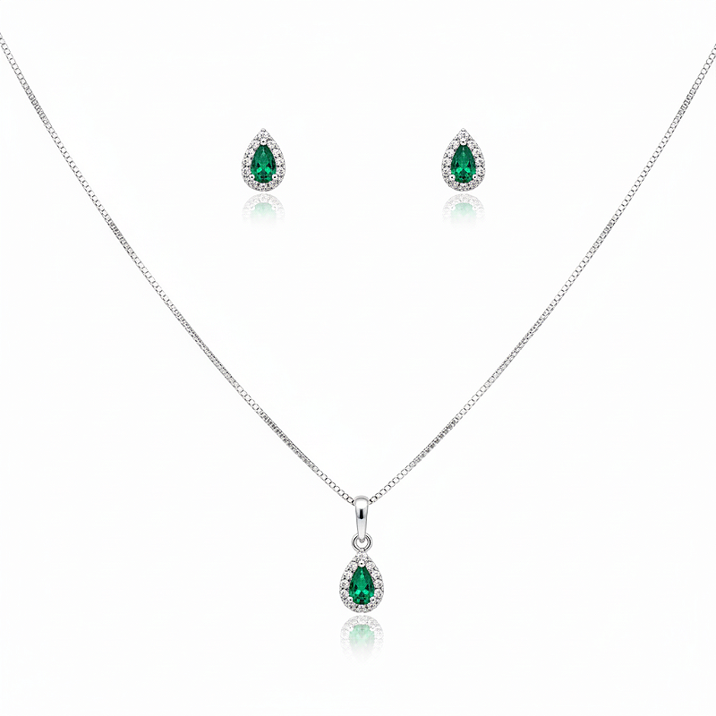 Conjunto Colar e Brinco Gota Verde Esmeralda Prata Fina 925