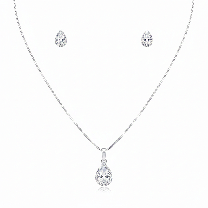 Conjunto Colar e Brinco Gota Branco Cristal Prata Fina 925