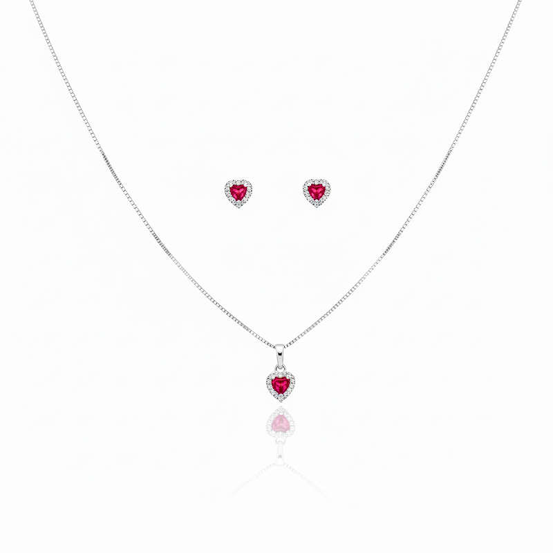 Conjunto Colar e Brinco Coração Rosa Cristal Prata Fina 925