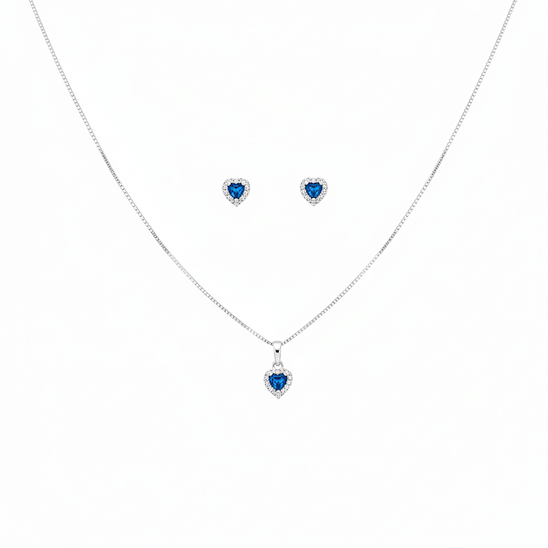 Conjunto Colar E Brinco Coração Azul Marinho Prata Fina 925