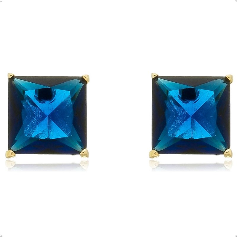 Brinco Pedra Quadrada Azul Banhado a Ouro