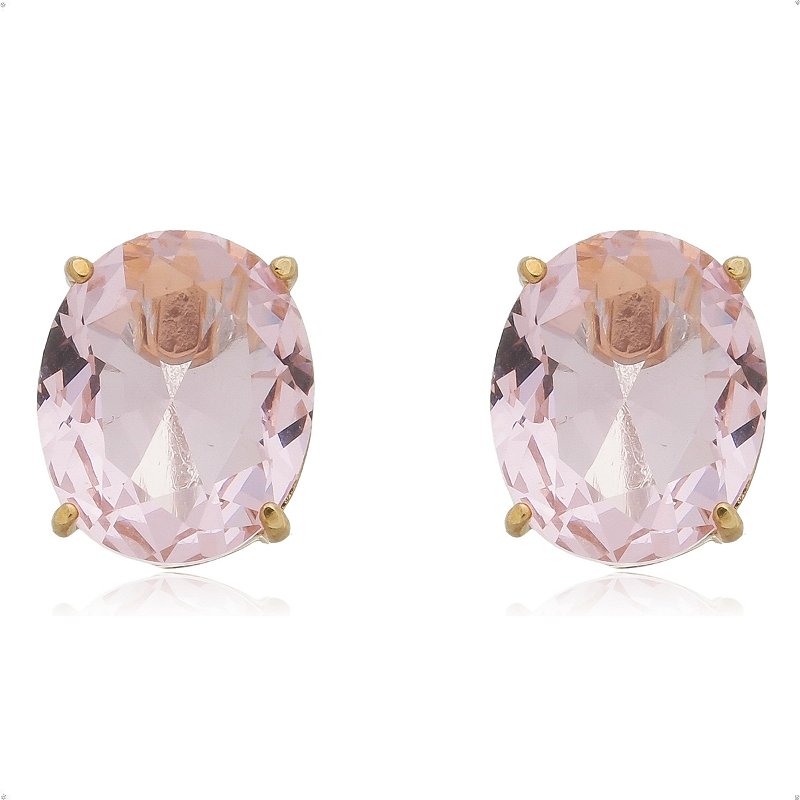 Brinco Oval Cristal Rosa Banhado Ouro 18k