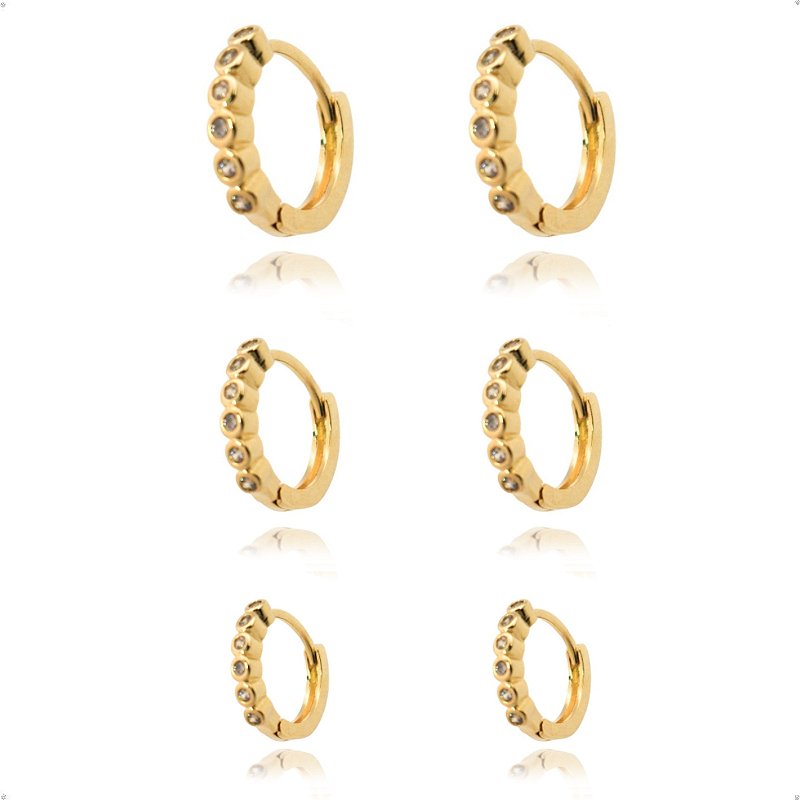 Brinco Trio de Argolas Cravejadas Zirconias Banhado Ouro