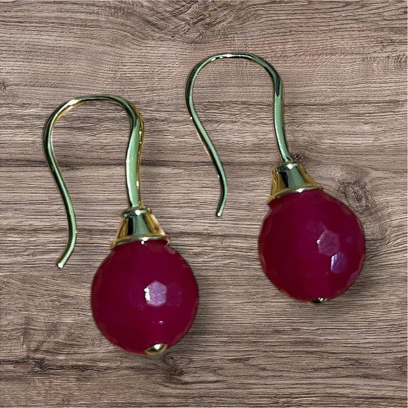 Brinco Anzol Gancho Pedra Jade Pink Banhado A Ouro