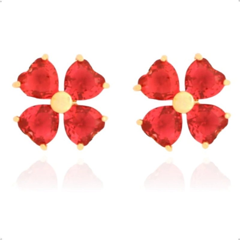 Brinco Trevo Flor de Pedra Coração Rosa Banhado a Ouro