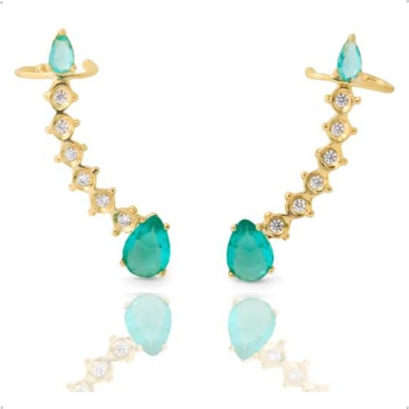 Brinco Ear Cuff  em Gota Cristal e Turmalina Banhado Em Ouro