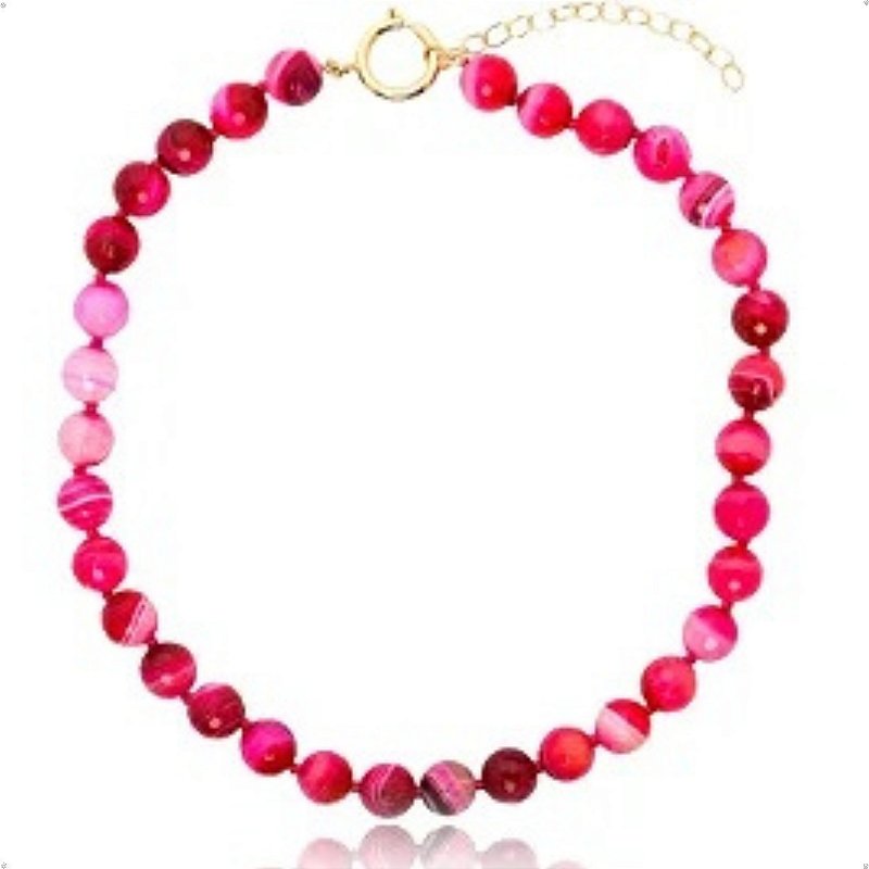 Colar Bolas Pedra Natural Ágata Pink Banhado a Ouro Luxo
