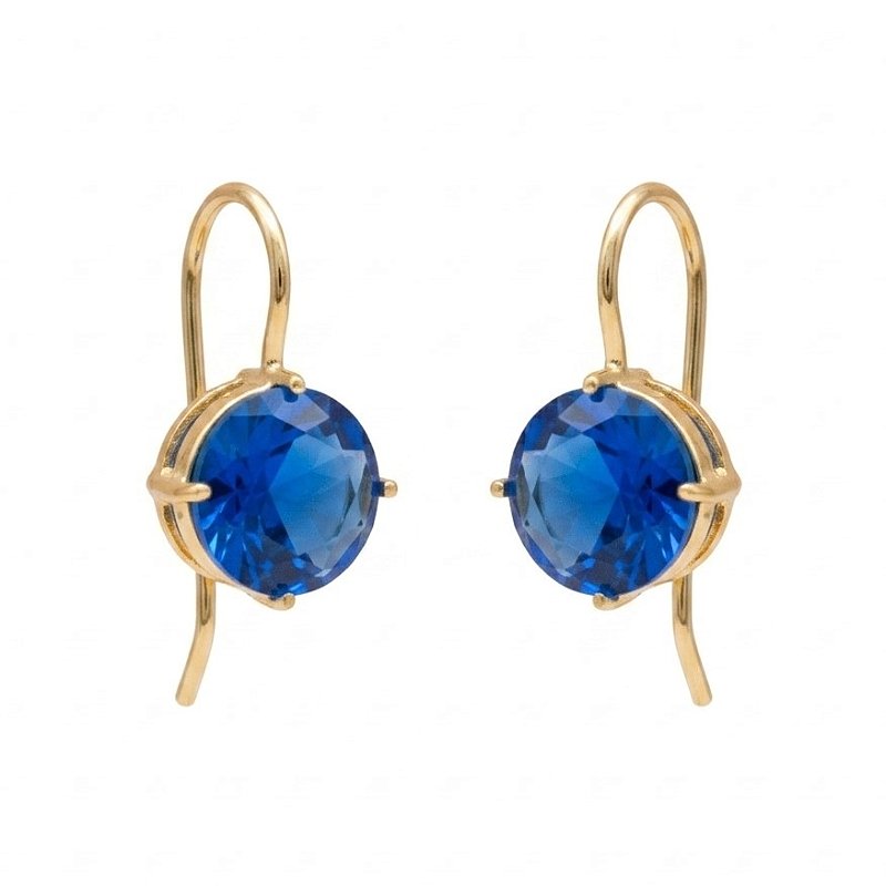 Brinco Anzol Zirconia Redonda Azul Bic Banhado a Ouro