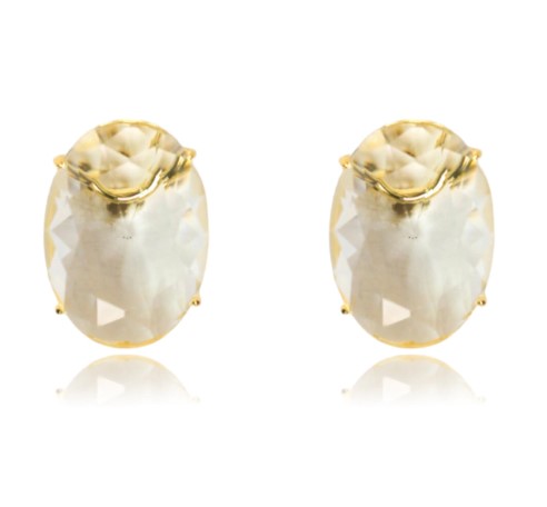 Brinco Oval Cristal Grande Banhado Ouro 18k