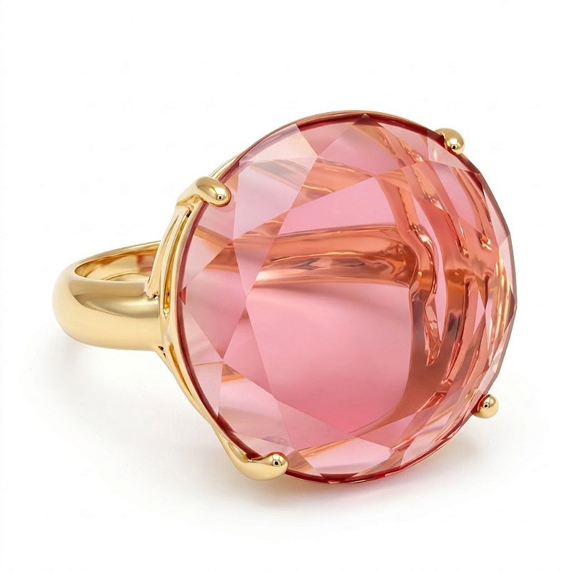 Anel Pedra Redonda Grande Cristal Rubelita Banhado a Ouro
