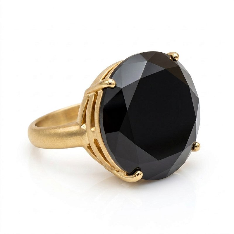 Anel Pedra Redonda Grande Cristal Preto Onix Banhado a Ouro