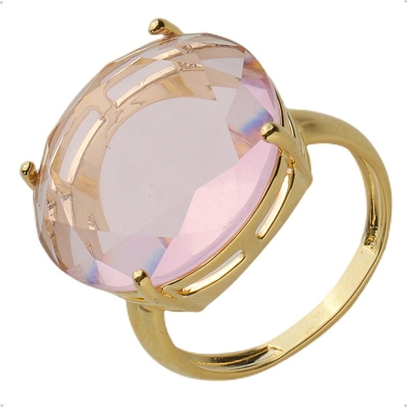 Anel Pedra Redonda Grande Cristal Rosa Banhado a Ouro