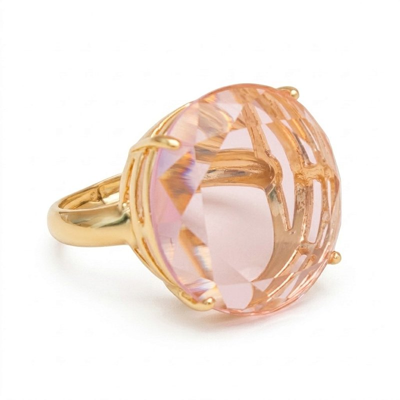 Anel Pedra Redonda Grande Cristal Rosa Banhado a Ouro