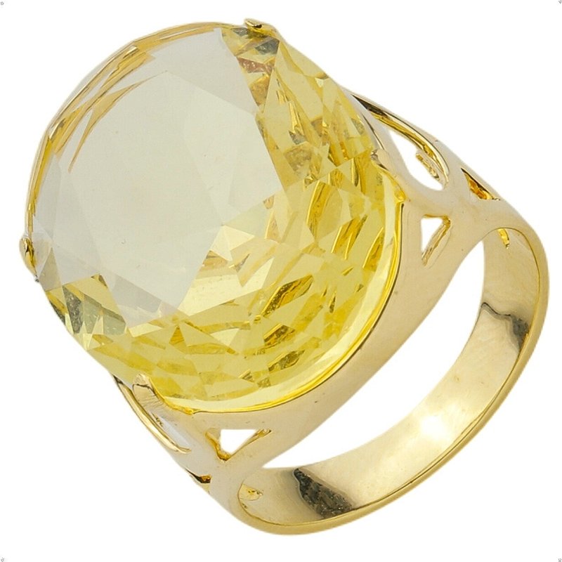 Anel Pedra Oval Grande Amarelo Topázio Banhado a Ouro 18k Luxo