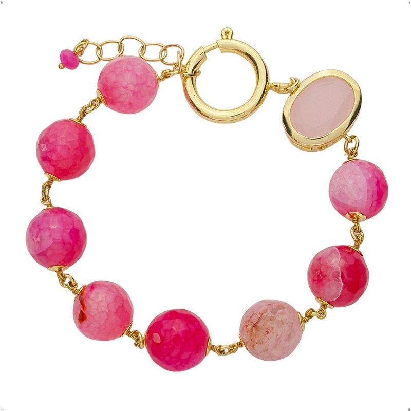 Pulseira de Bola Pink e Cristal Rosa  Banhado a Ouro 18k