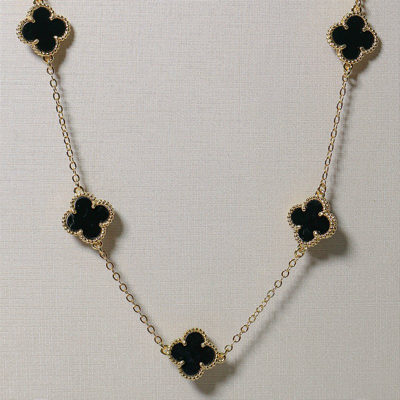 Colar 5 Trevo Preto Onix Flor Banhado a Ouro Moda
