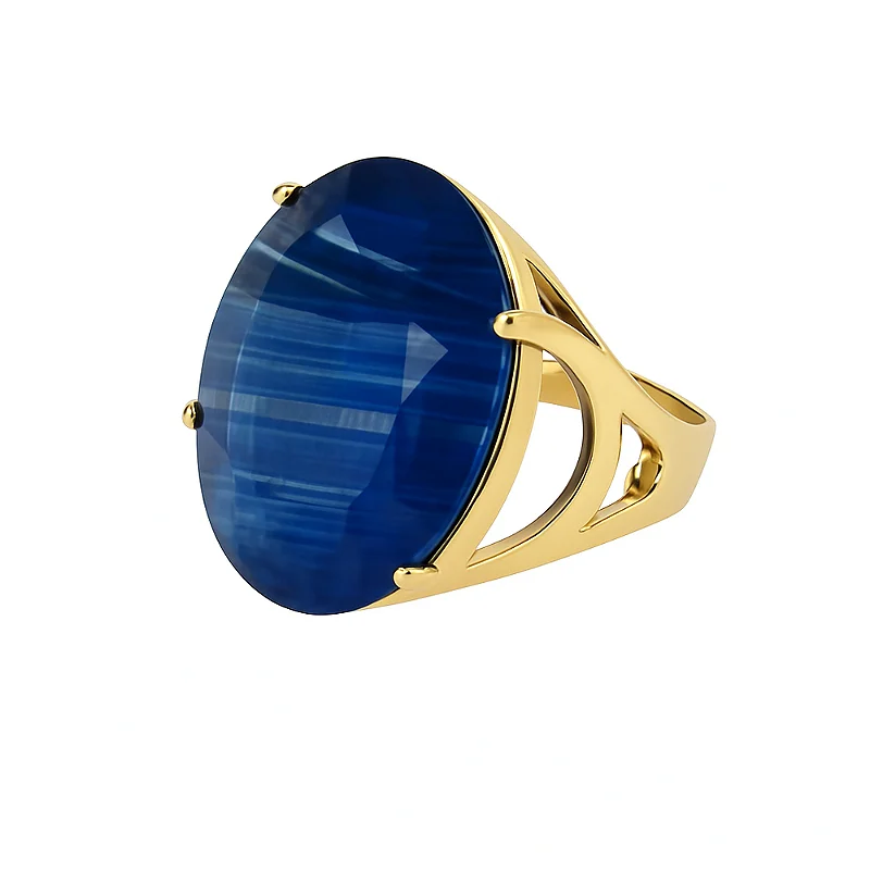 Anel Pedra Oval Grande Cristal Azul Riscado Safira Banhado a Ouro