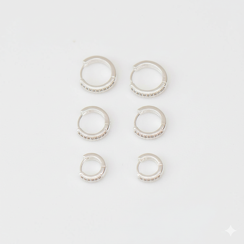 Brinco kit Trio de Argolas Cravejadas 1 2 3 Furos Prata 925