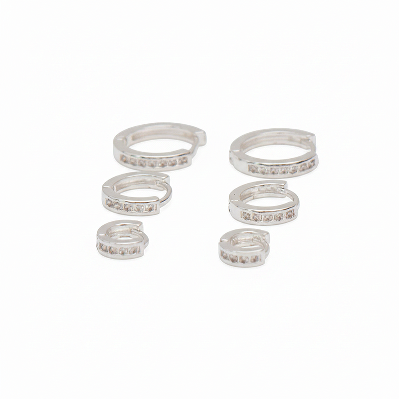 Brinco kit Trio de Argolas Cravejadas Fileira de Zirconias Prata 925